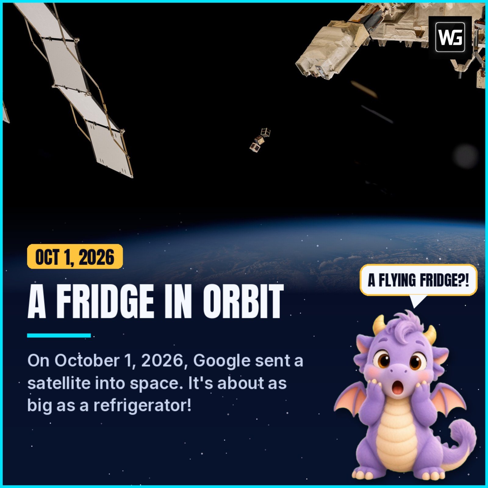 Small satellites drifting in orbit above Earth, with the text 'A fridge in orbit' and Pip the dragon saying 'A flying fridge?!'