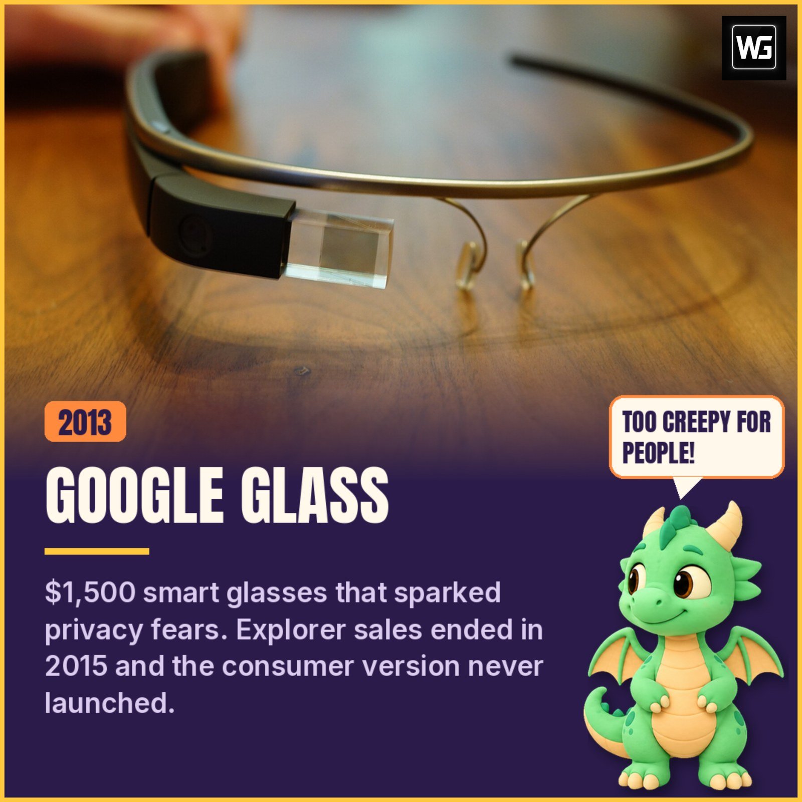 Close-up of Google Glass smart glasses on a table, labelled 2013, with Pip the dragon saying 'Too creepy for people!'