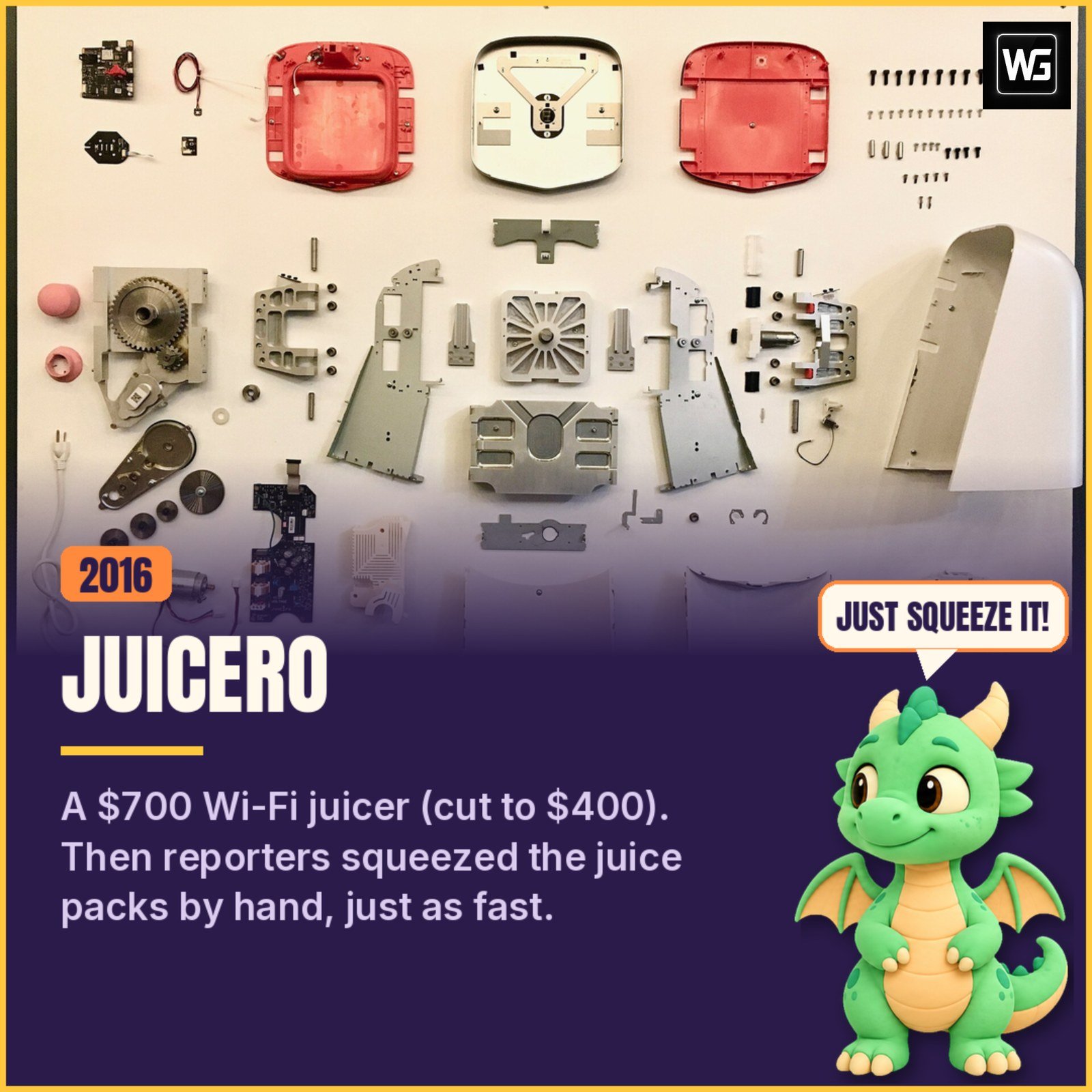 Disassembled Juicero Press parts laid out flat, labelled 2016, with Pip the dragon saying 'Just squeeze it!'