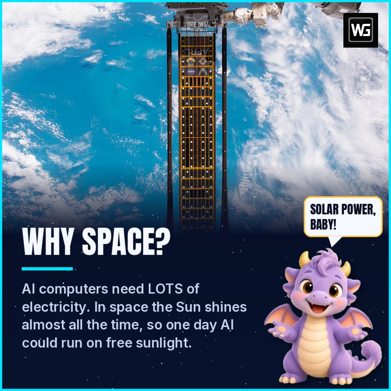Roll-out solar array on the International Space Station above Earth's clouds, with Pip the dragon saying 'Solar power, baby!'