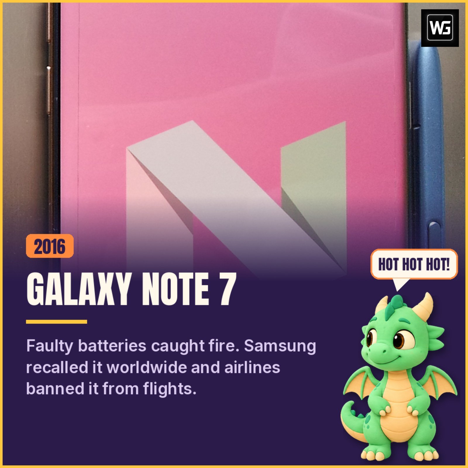 Samsung Galaxy Note 7 phone, labelled 2016, with Pip the dragon saying 'Hot hot hot!'