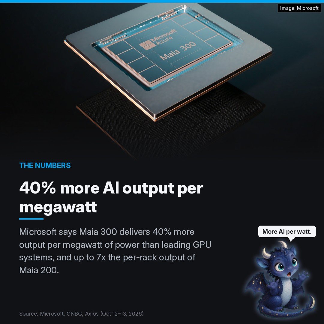 Close-up of the Azure Maia 300 prototype chip with the headline '40% more AI output per megawatt'